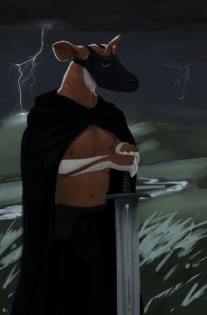 Anthro okapi holding an executioner's sword in a dark stormy landscape; wearing a black mask, cape, and trousers.

