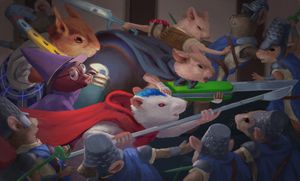 A party of small rodents charge into a line of Thimble Guards -- mice with thimble helmets. One mouse wears a cape and stabs forward with a green pocketknife. A white rat with a blue mohawk wields a craft knife. A mole wearing glasses and a purple wizard outfit carries a teal lighter. A squirrel in a kilt brings up the rear. They form a wedge driving into a wall of guards who are scattered by their charge.

