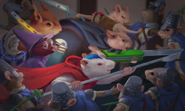 A party of small rodents charge into a line of Thimble Guards -- mice with thimble helmets. One mouse wears a cape and stabs forward with a green pocketknife. A white rat with a blue mohawk wields a craft knife. A mole wearing glasses and a purple wizard outfit carries a teal lighter. A squirrel in a kilt brings up the rear. They form a wedge driving into a wall of guards who are scattered by their charge.
