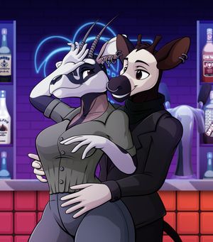A male anthro okapi in a dark blazer holds a female gemsbok wearing a green blouse and trousers. They're dancing, his hands on her hips, the back of her hand pressed to her forehead. Behind them is a bar and a neon sign on a purple brick wall.
