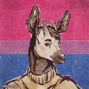 A halftoned print of an okapi with a bisexual pride flag in the background.
