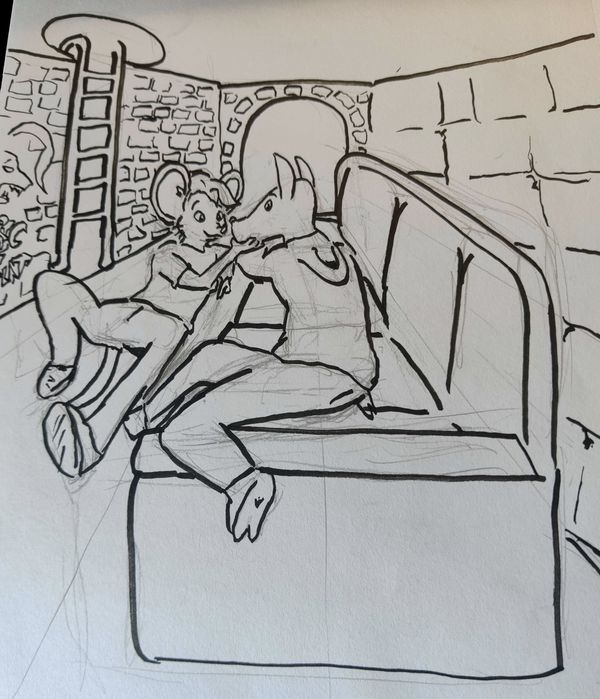 Anthro okapi and mouse in an underground sewer tunnel, reclining, the mouse on the ground and the okapi on a couch.
