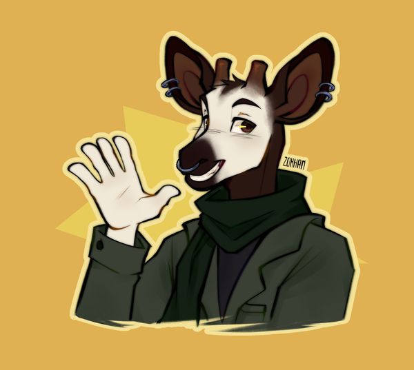 Anthro okapi, wearing a green scarf and coat, waving to the viewer