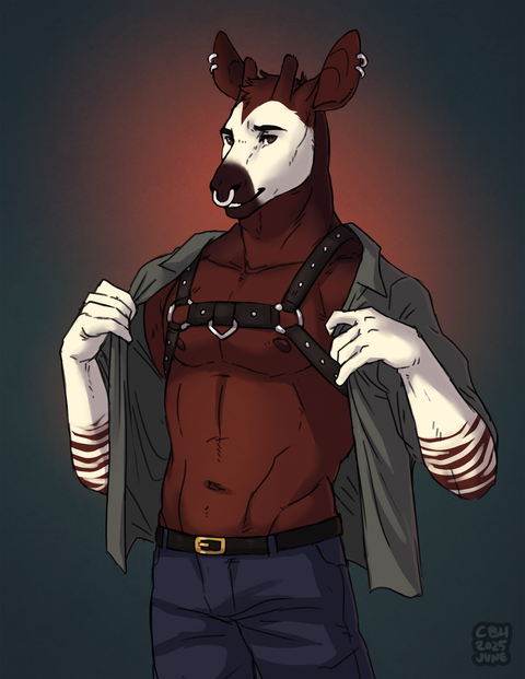 A male anthropomorphic okapi holds open his grey forest green button-down shirt to reveal that he's wearing a black leather harness. The harness is studded with metal. It crosses his upper chest and connects to shoulder and side straps with steel rings. His chest and abs are fairly well defined. He looks at the viewer, lips parted in a confident smirk. He has two steel rings in each of his ears and one larger ring through his septum. He's wearing dark blue jeans and a black belt.