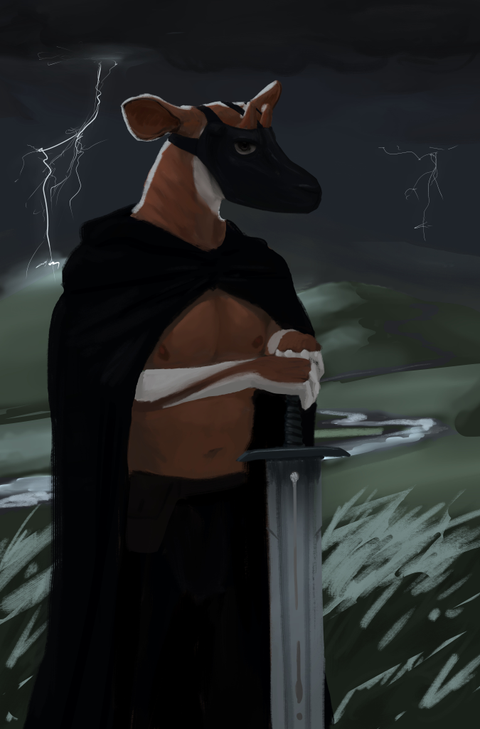 Anthro okapi holding an executioner's sword in a dark stormy landscape; wearing a black mask, cape, and trousers.
