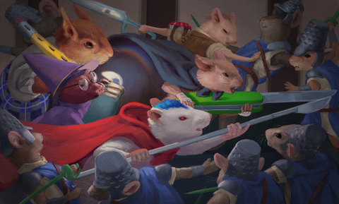 A party of small rodents charge into a line of Thimble Guards -- mice with thimble helmets. One mouse wears a cape and stabs forward with a green pocketknife. A white rat with a blue mohawk wields a craft knife. A mole wearing glasses and a purple wizard outfit carries a teal lighter. A squirrel in a kilt brings up the rear. They form a wedge driving into a wall of guards who are scattered by their charge.