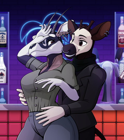 A male anthro okapi in a dark blazer holds a female gemsbok wearing a green blouse and trousers. They're dancing, his hands on her hips, the back of her hand pressed to her forehead. Behind them is a bar and a neon sign on a purple brick wall.