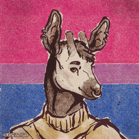 A halftoned print of an okapi with a bisexual pride flag in the background.