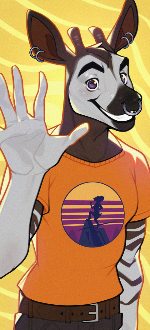 A grinning anthro okapi in a t-shirt and jeans waves to the viewer against a yellow background